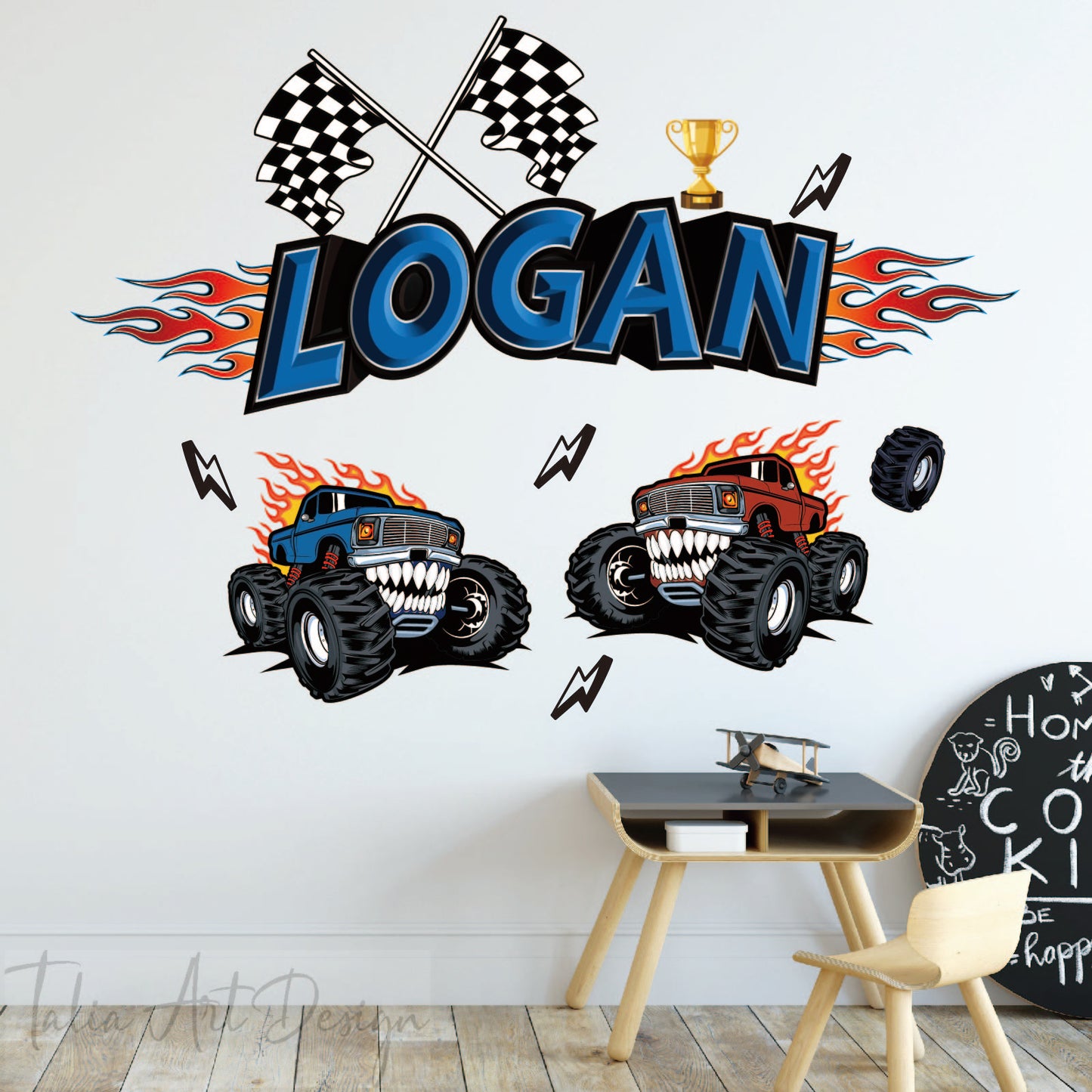 Custom Monster Truck Name Wall Decal Boy Room Nursery Fire Vinyl Sticker Gift