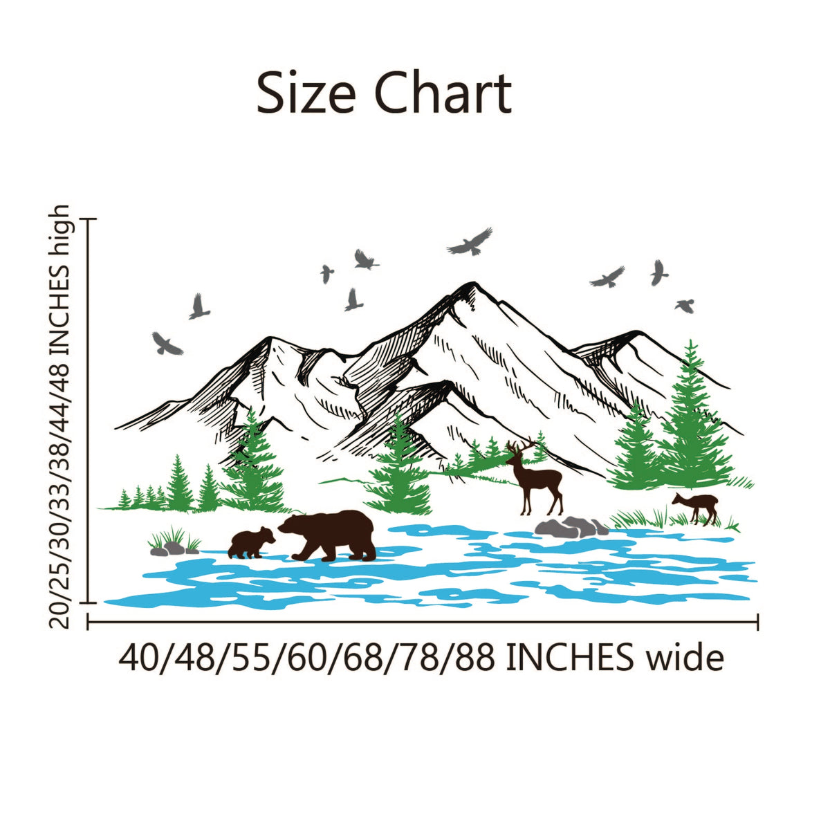 Woodland Mountain Landscape Wall Decal - Pine Trees, Birds & Forest Animals Vinyl Sticker