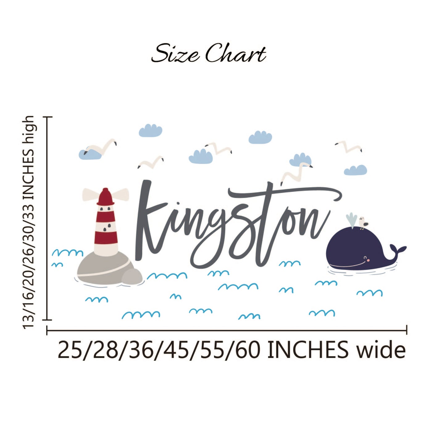 Kids room wall art personalized name with lighthouse whale ocean custom colors
