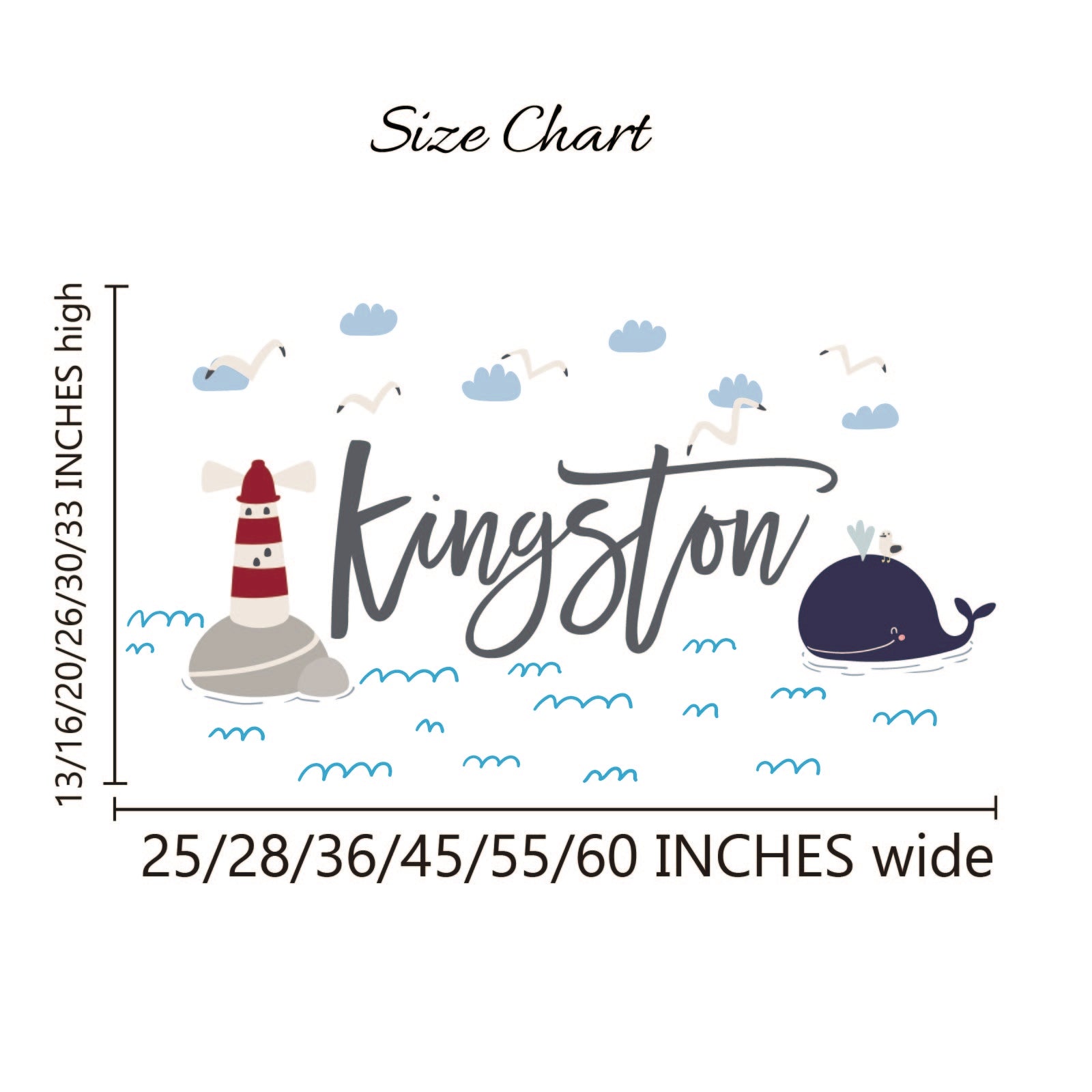 Kids room wall art personalized name with lighthouse whale ocean custom colors
