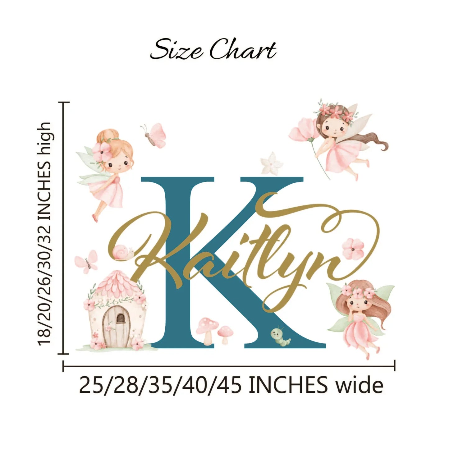 Personalized fairy wall decal size chart with name Kaitlyn, floral designs, and kids room decor
