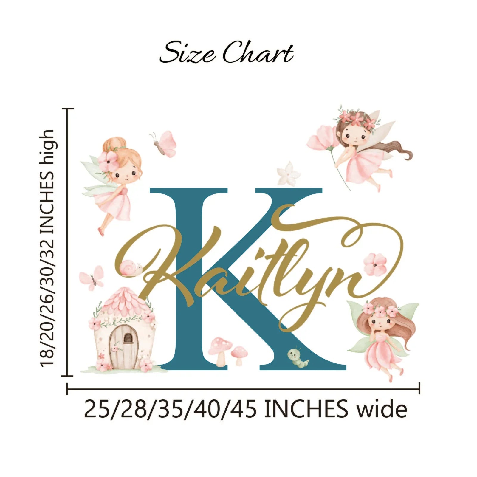 Personalized fairy wall decal size chart with name Kaitlyn, floral designs, and kids room decor