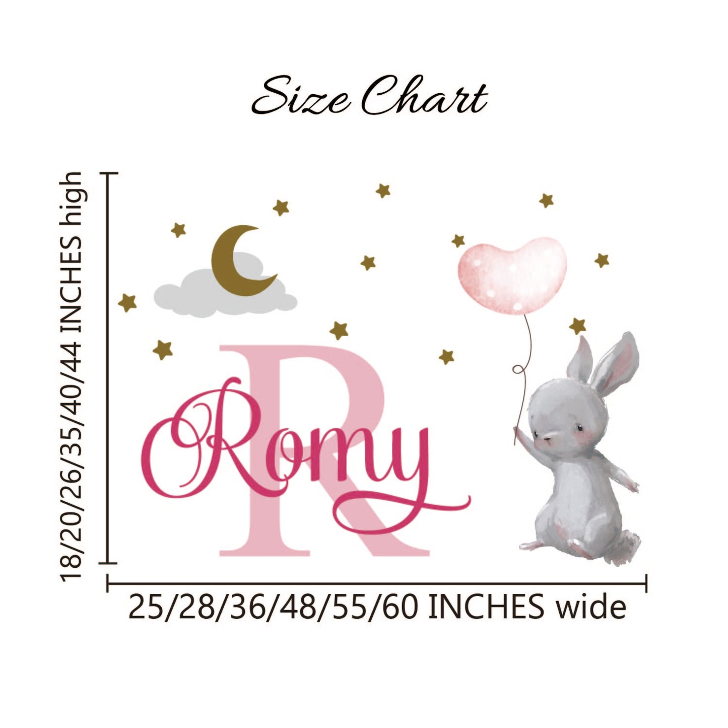 Cute rabbit and balloon nursery wall decal with custom girl name
