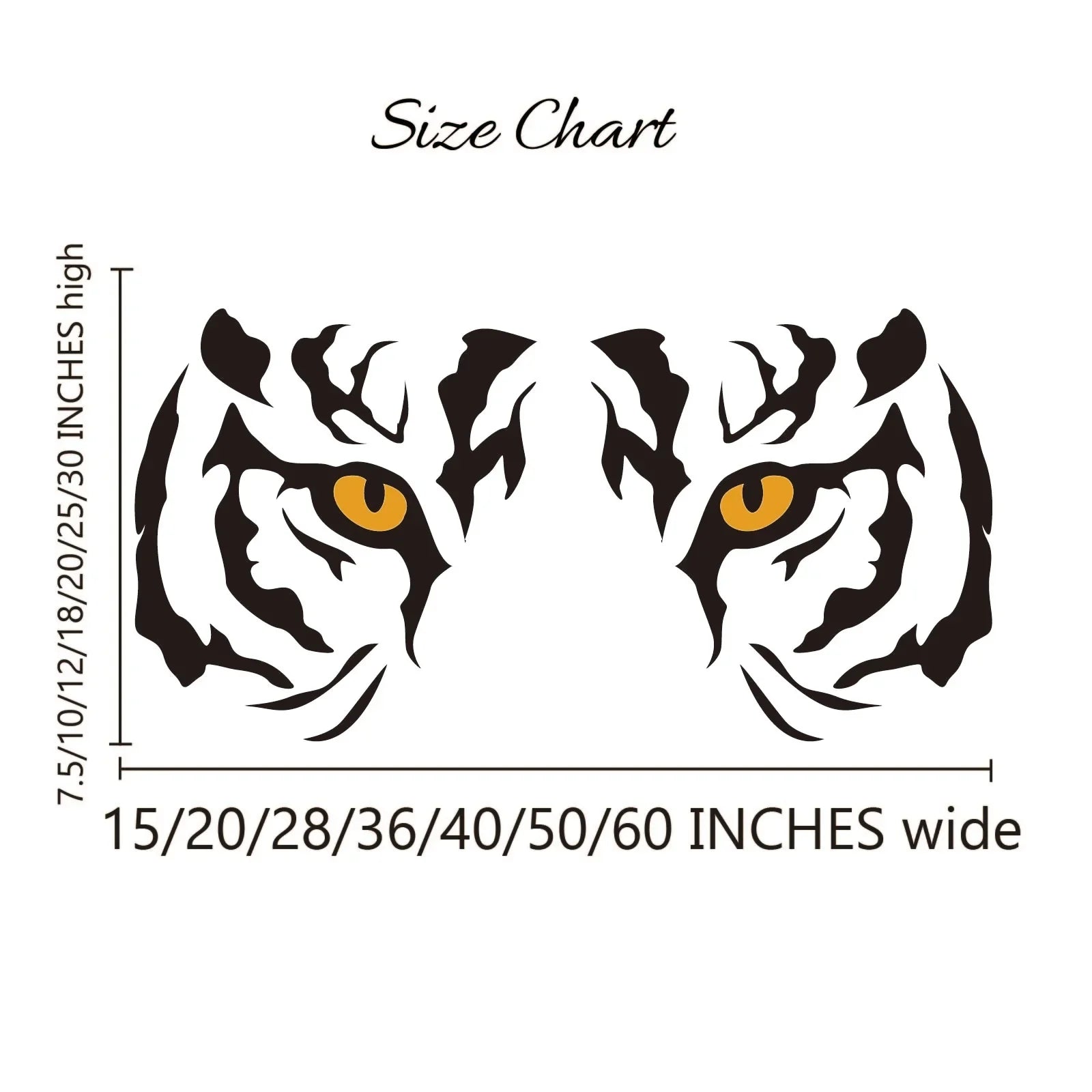 Tiger eyes wall decal size chart with measurement options from YKLT Decals.