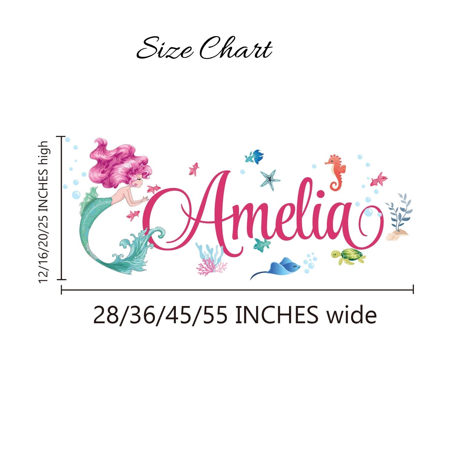 Girls bedroom mermaid wall stickers with custom name and sea creatures

