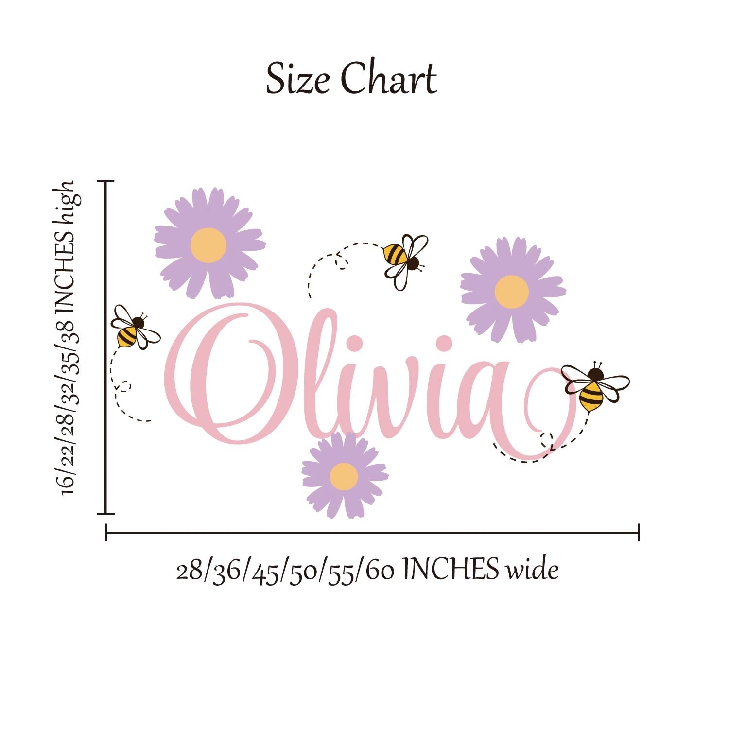 Girls nursery wall art personalized name with white daisies honey bees
