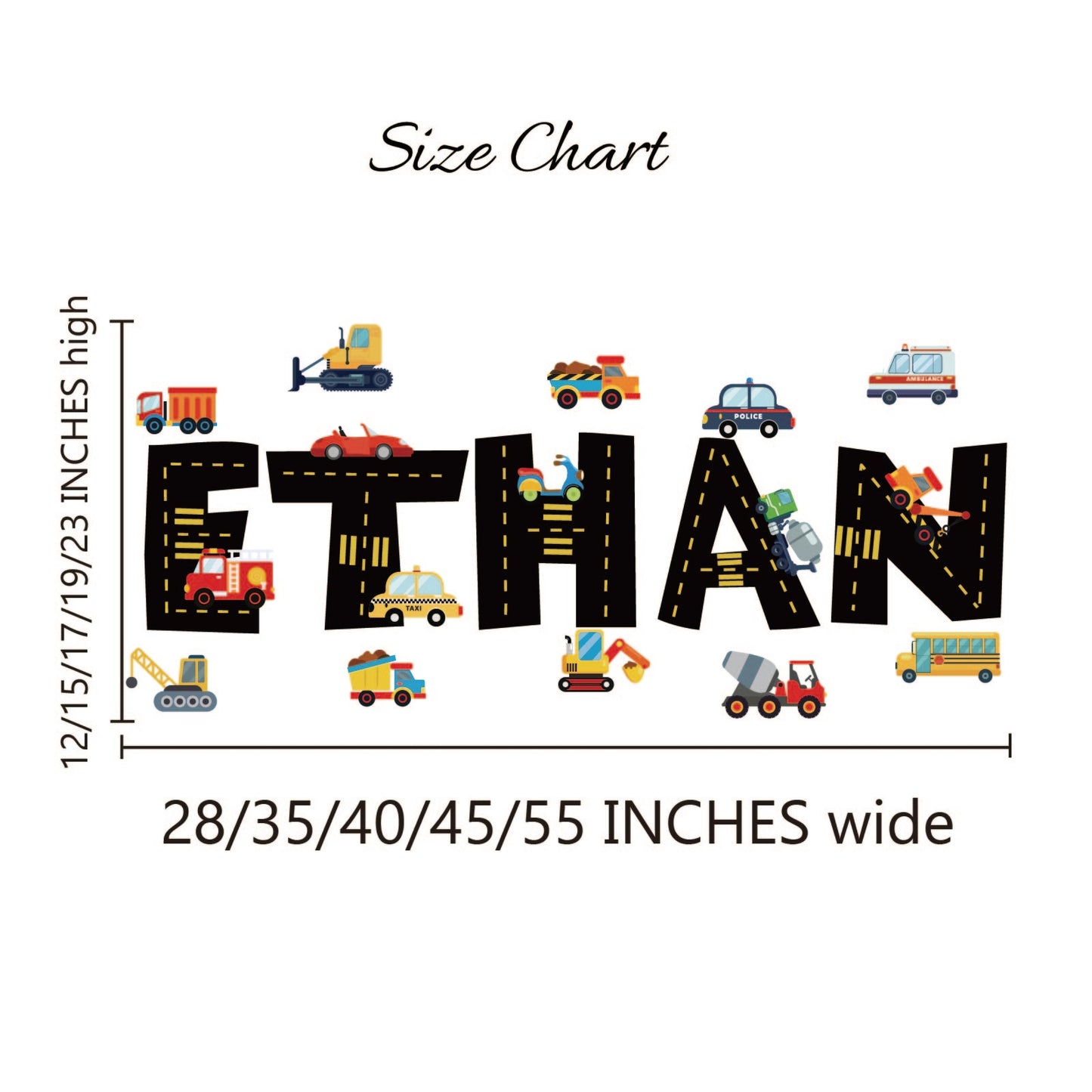 Boys room wall art personalized name with cars trucks vehicles custom colors
