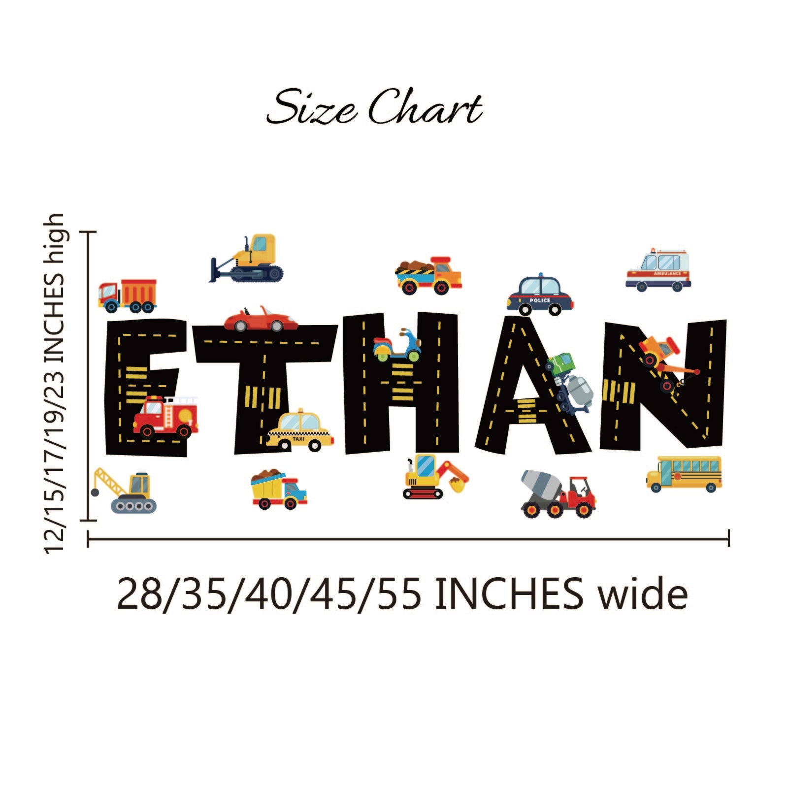 Boys room wall art personalized name with cars trucks vehicles custom colors
