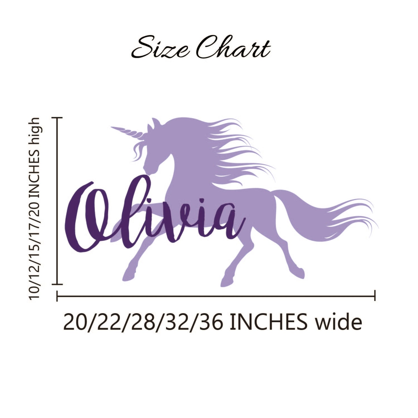 Unicorn wall decal size chart showing various dimensions with custom name options for girls bedroom, YKLT Decals
