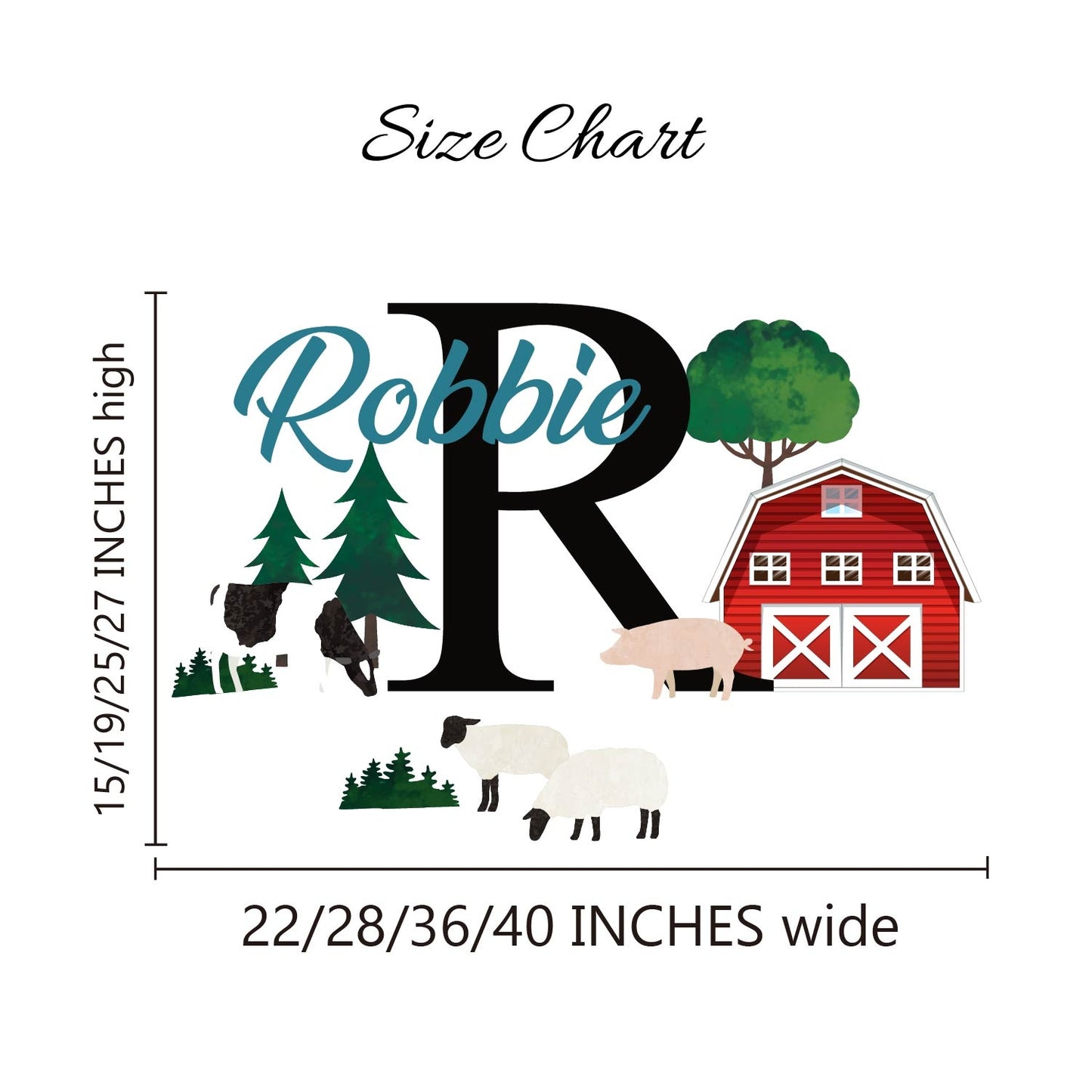 Watercolor sheep cow pig wall art with custom name for kids bedroom
