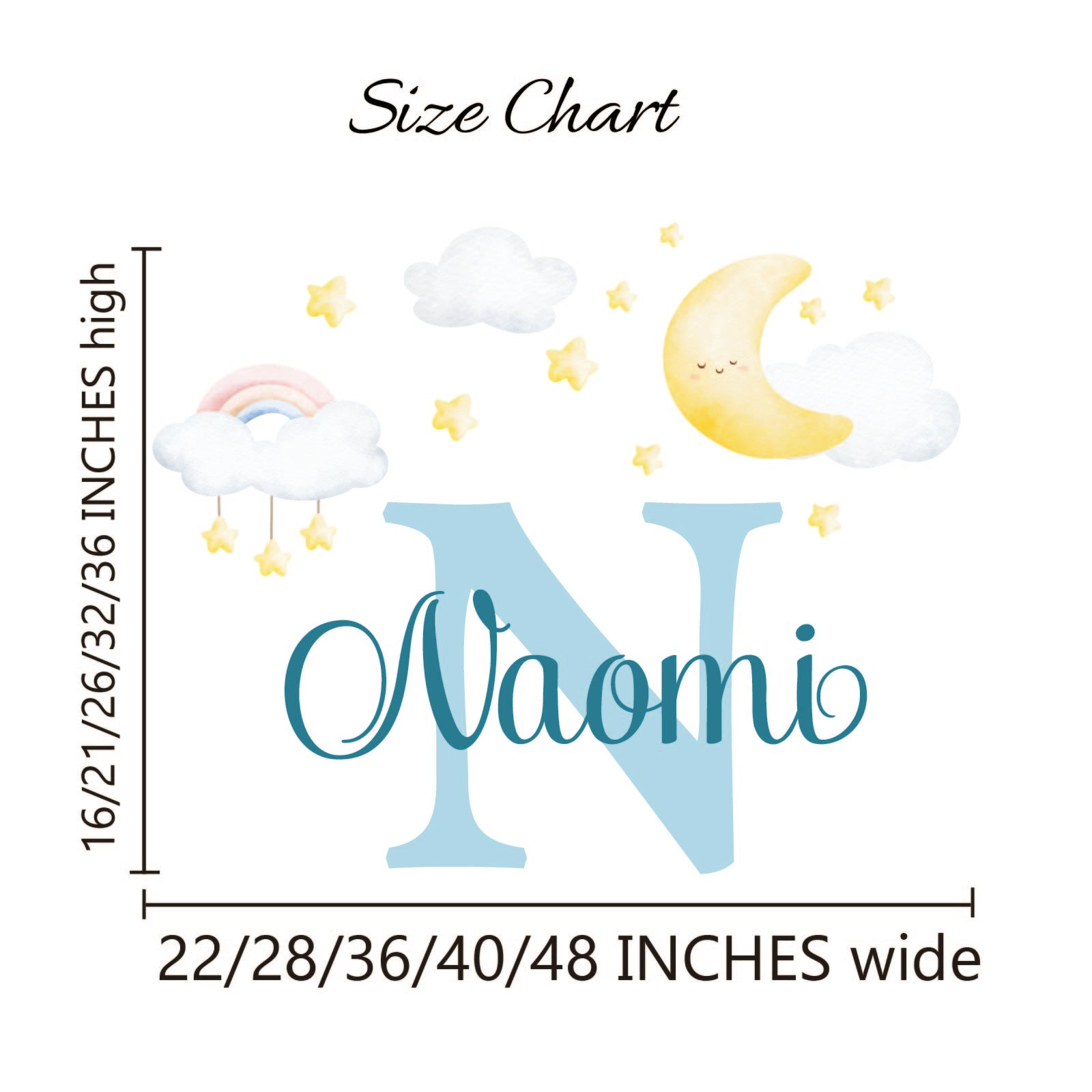 Baby nursery wall art personalized name with moon stars clouds rainbow
