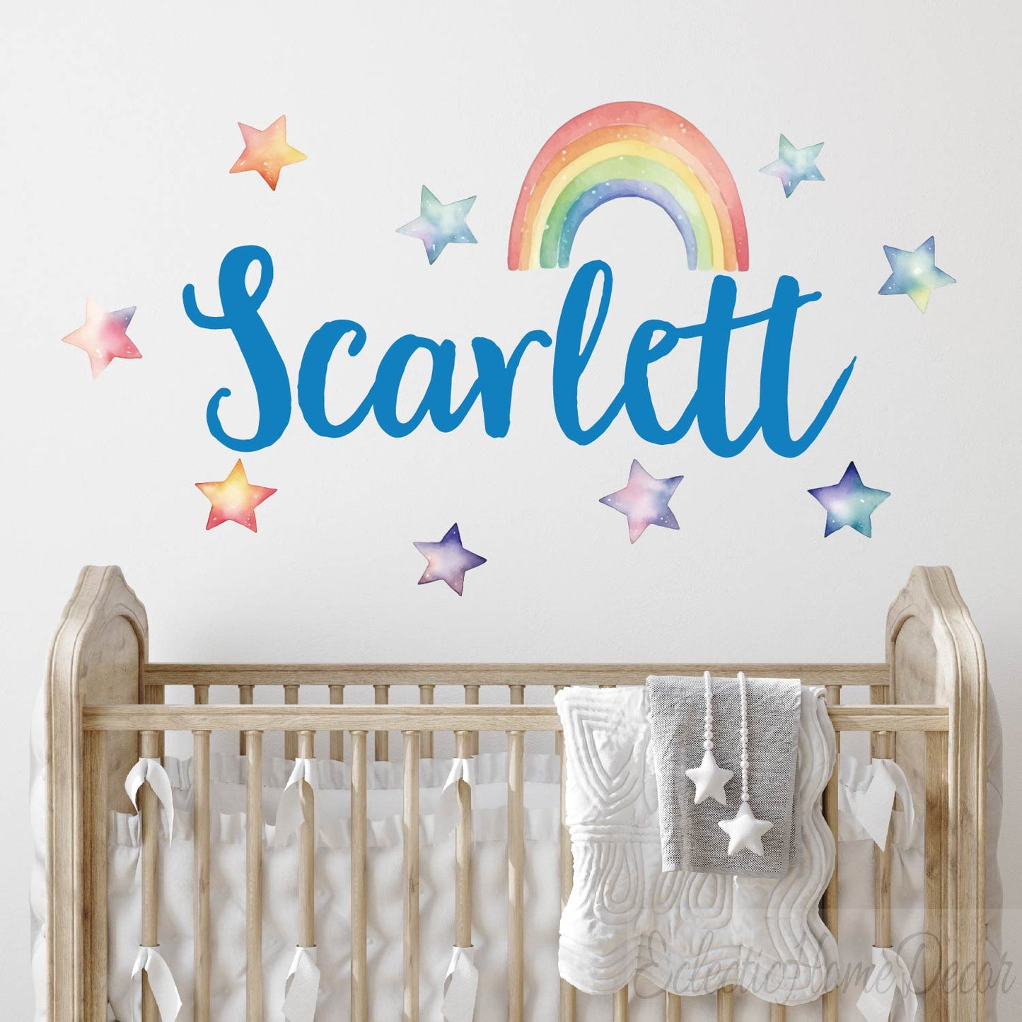 Girls bedroom wall art with custom name watercolor stars and rainbow design

