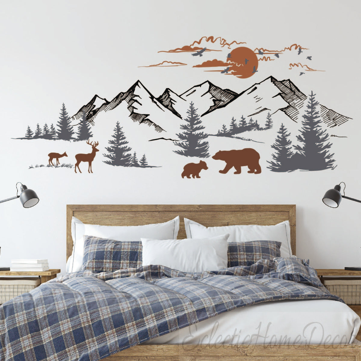 Mountain Landscape Wall Decal with Pine Trees, Sun, and Woodland Animals