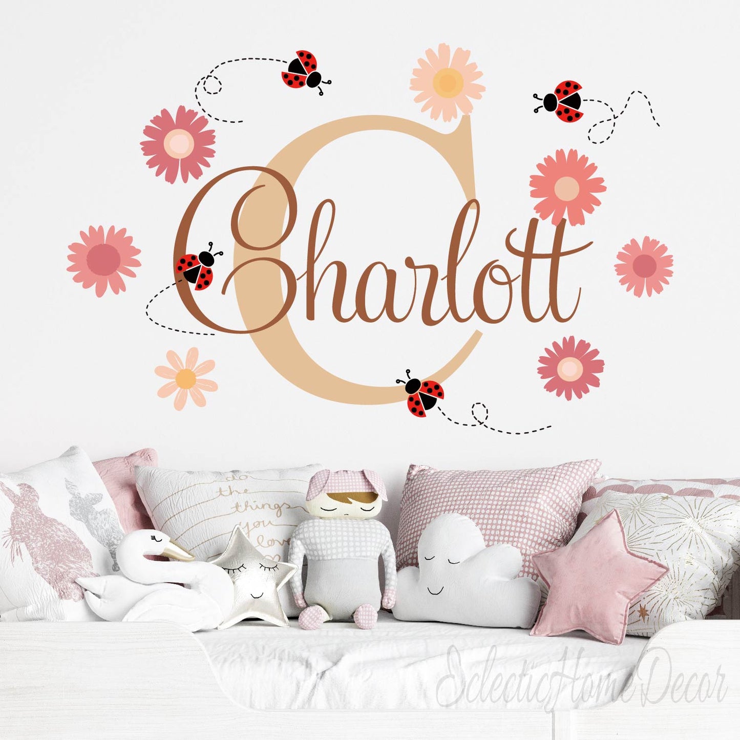 Removable nursery wall stickers with personalized name and floral design