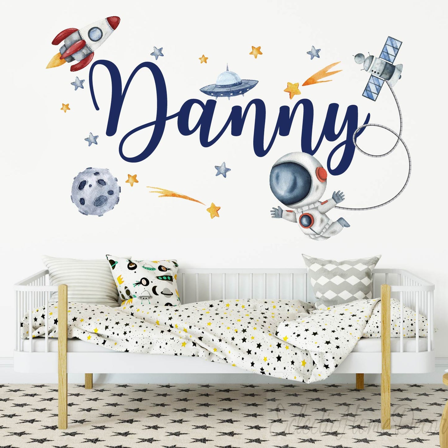 Kids nursery wall art personalized name with astronaut spaceship planets
