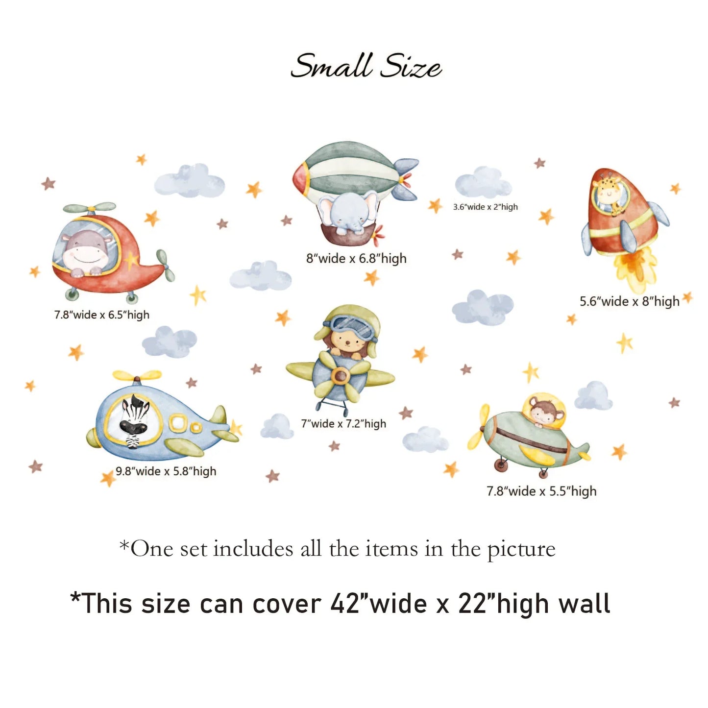 Small size YKLT Decals set with cute animal pilots in planes, covering 42x22 inch wall, kids room decor.