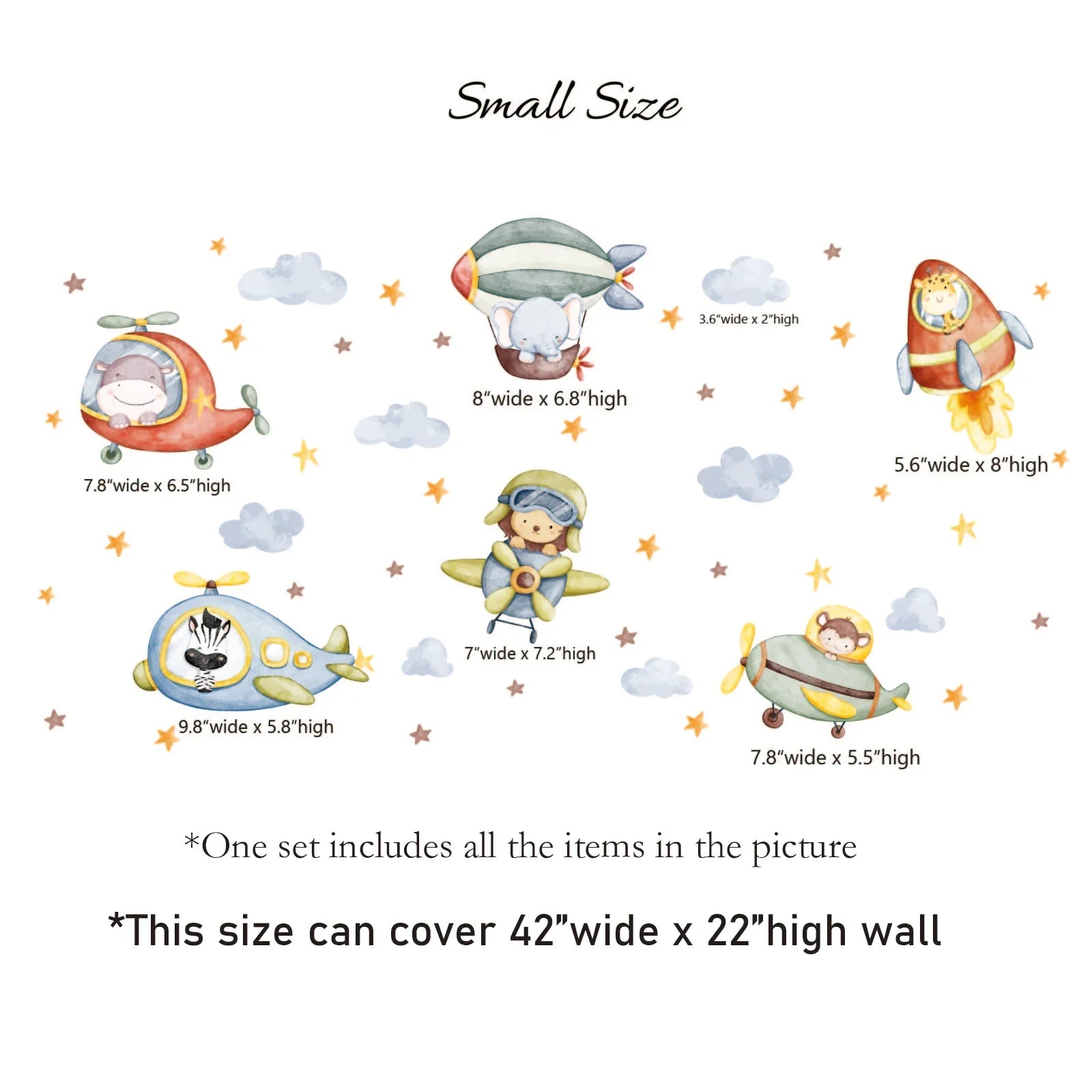 Small size YKLT Decals set with cute animal pilots in planes, covering 42x22 inch wall, kids room decor.