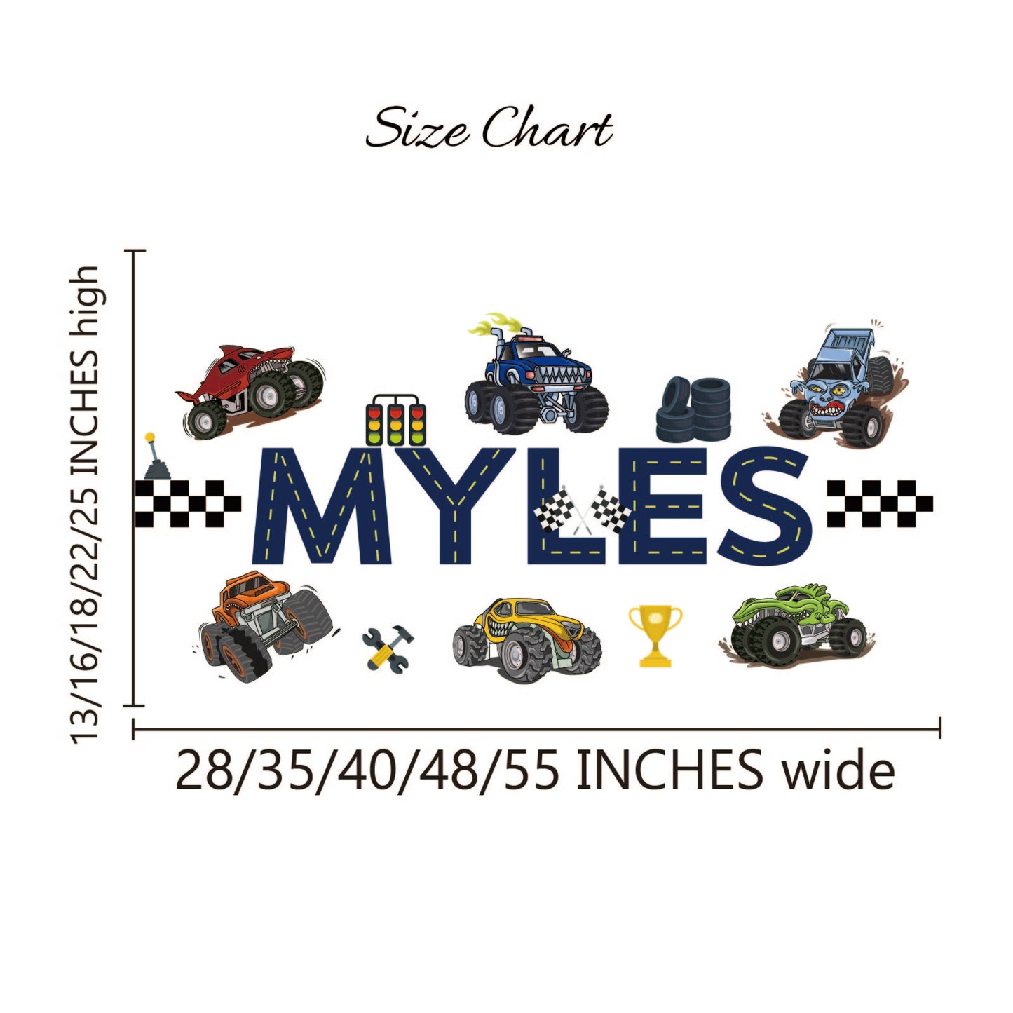 Boys bedroom wall art personalized name with monster trucks trophies fire

