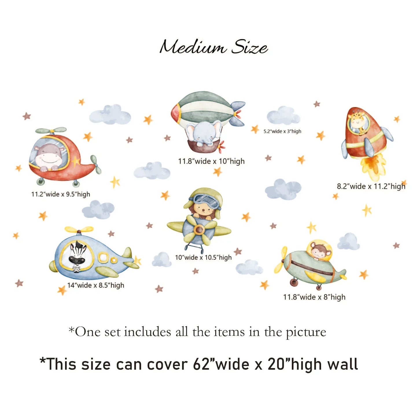 Medium size kids room wall decals set with cute animal pilots in planes, rocket, and blimp.