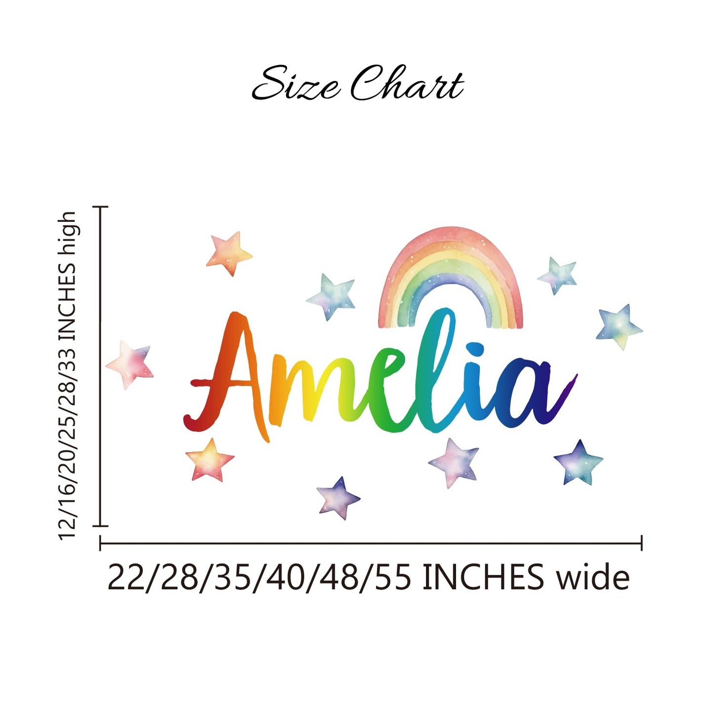 Custom Girl Name Wall Decal with Watercolor Stars & Rainbow - Nursery Kids Room Wall Stickers - Personalized Baby Room Decoration