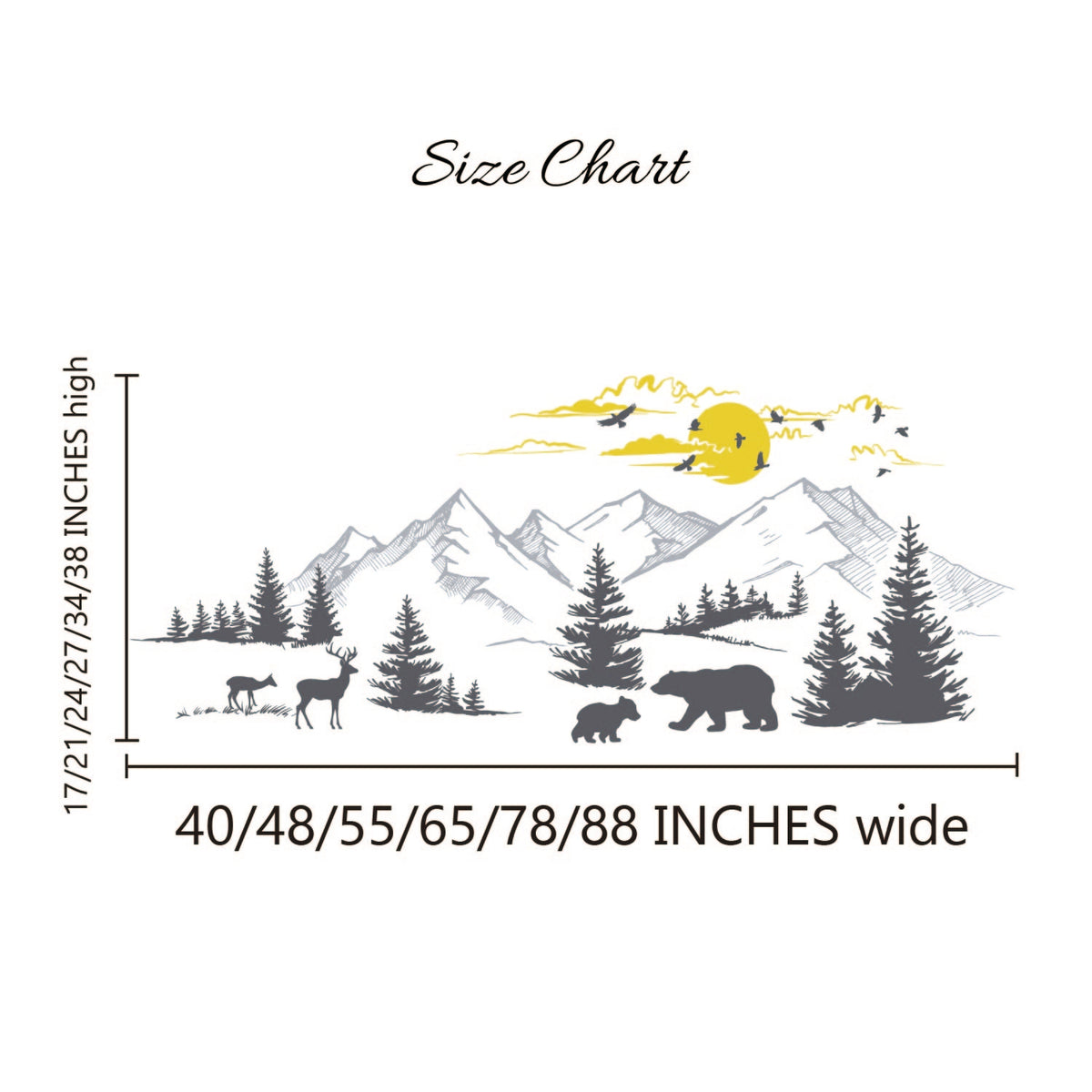 Mountain Landscape Wall Decal with Pine Trees, Sun, and Woodland Animals
