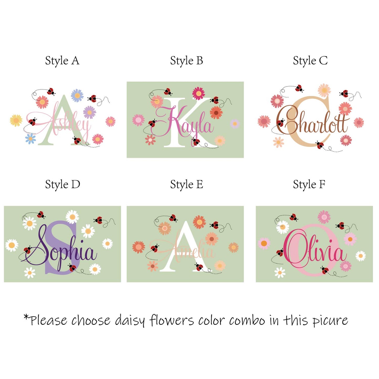 Personalized Girl Name With Daisy Flower Ladybugs Wall Stickers,Peel and Stick Daisy Wall Stickers for Nursery Bedroom Baby Girl Wall Decor