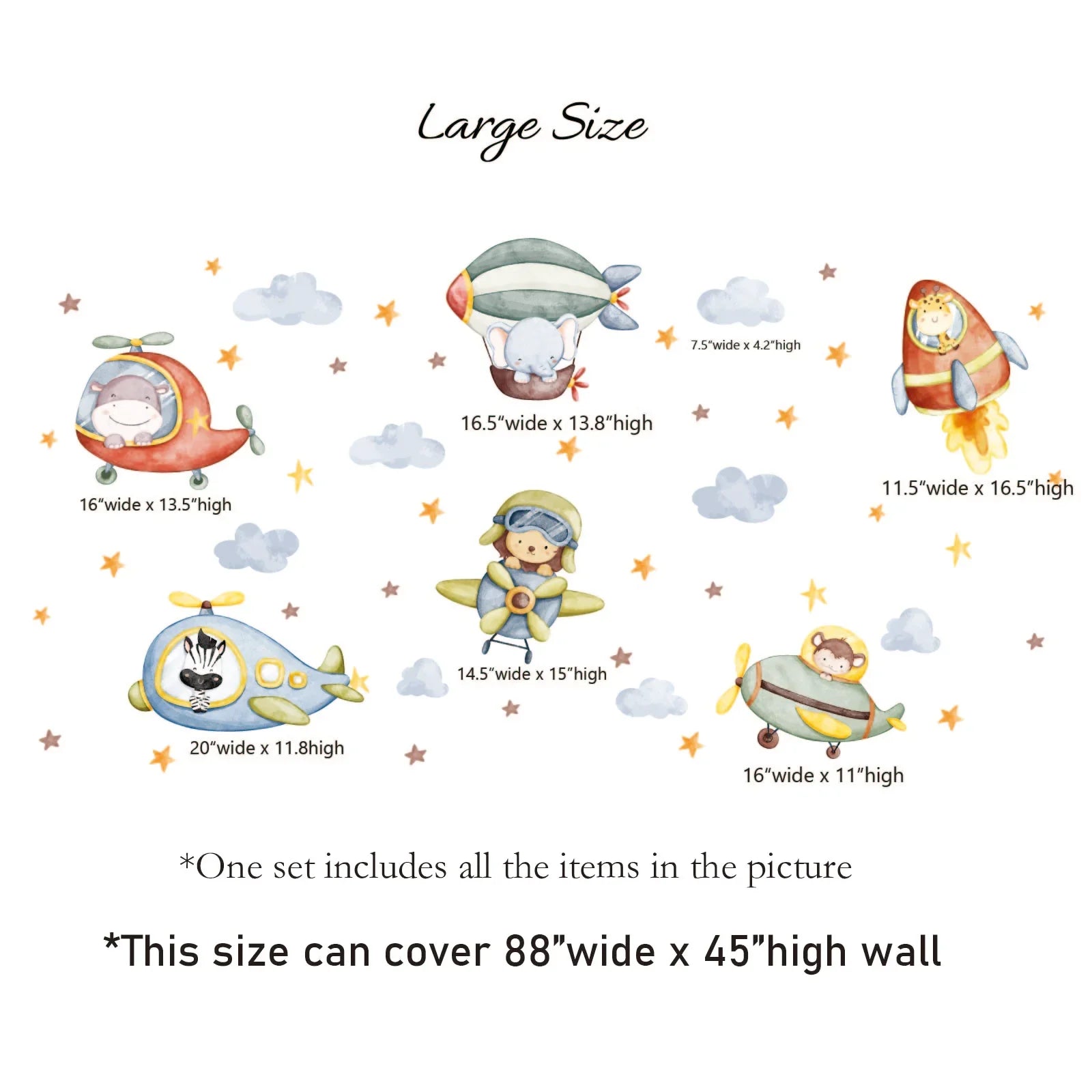 Large size YKLT Decals wall stickers set with cute animal airplanes, rocket, and clouds for kids room decor