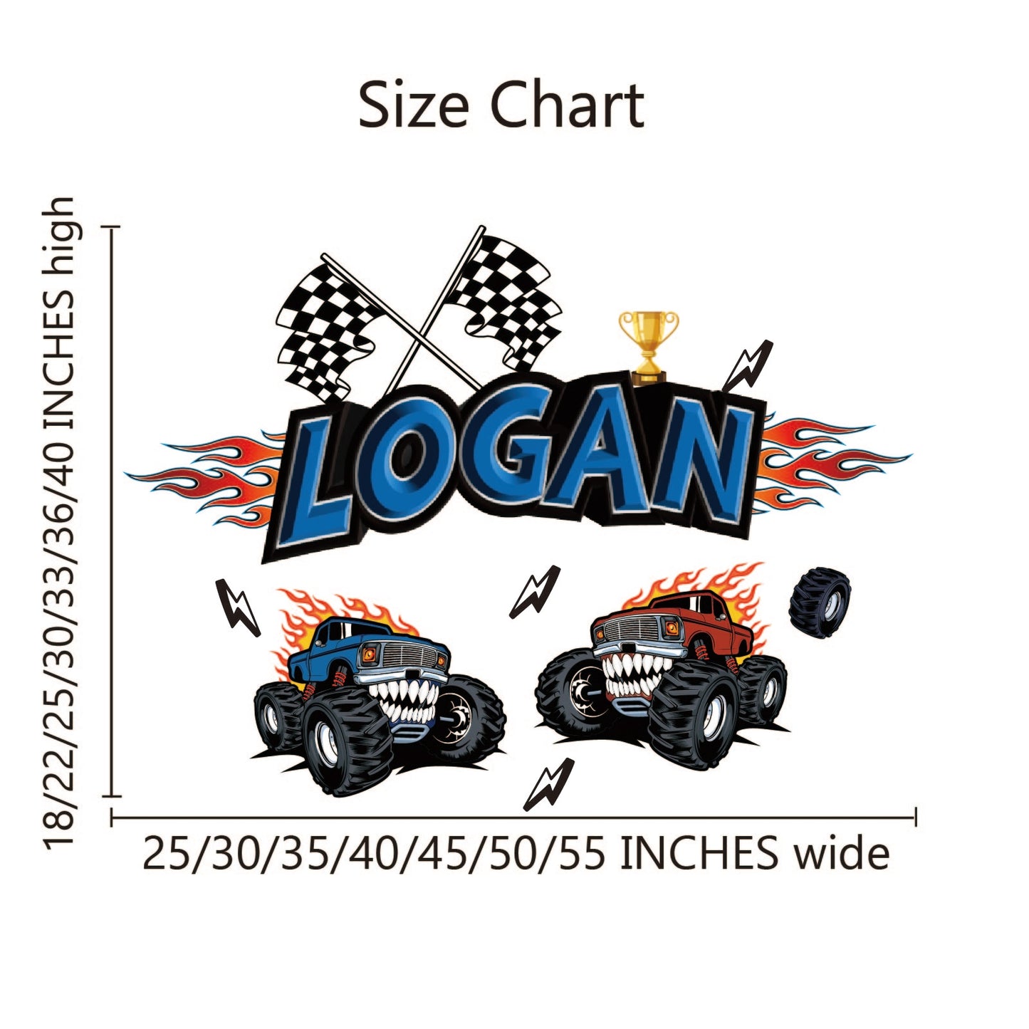 Custom Monster Truck Name Wall Decal Boy Room Nursery Fire Vinyl Sticker Gift