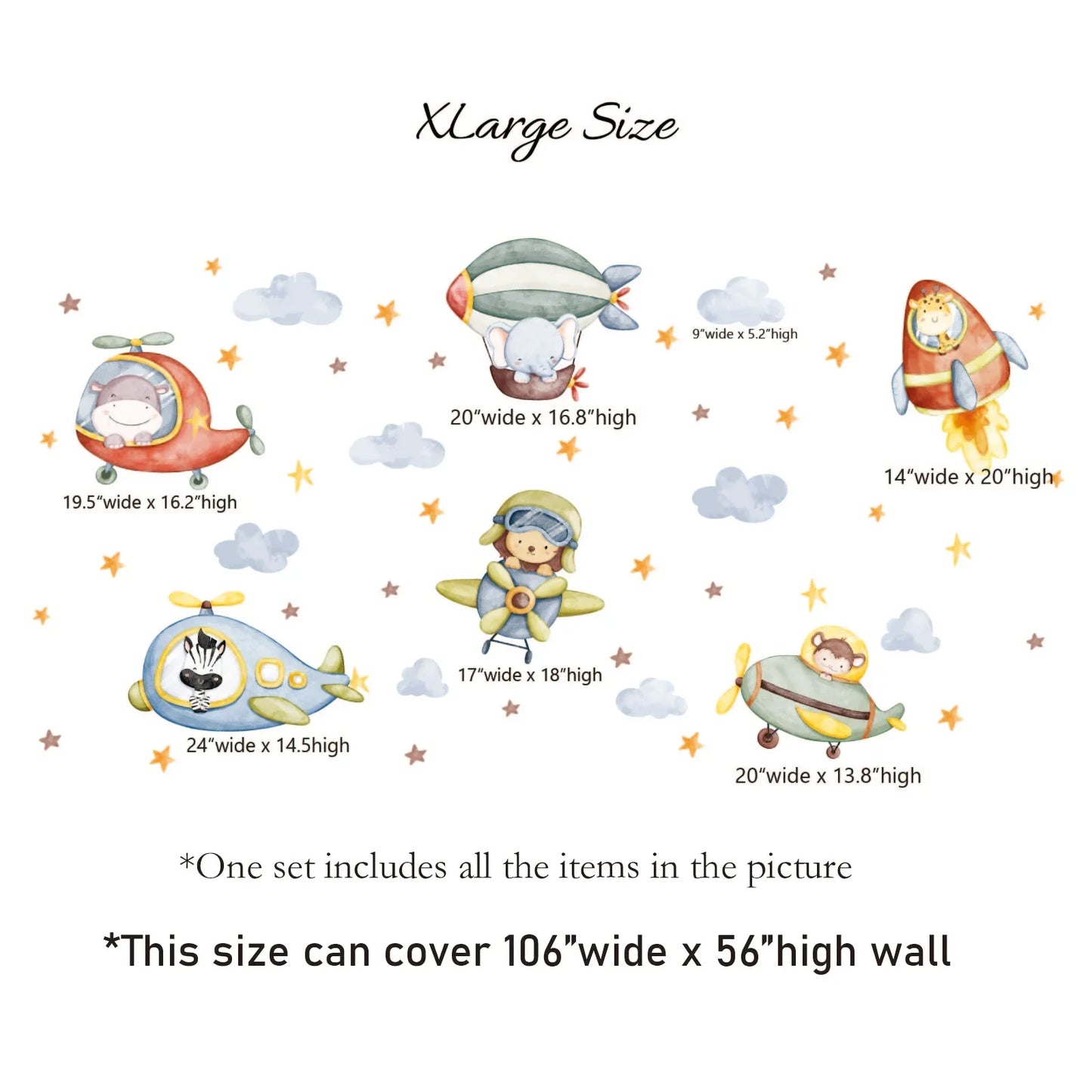 XLarge size YKLT Decals featuring watercolor animal pilots in planes, blimp, and rocket surrounded by stars and clouds, for nursery or kids room wall decor.