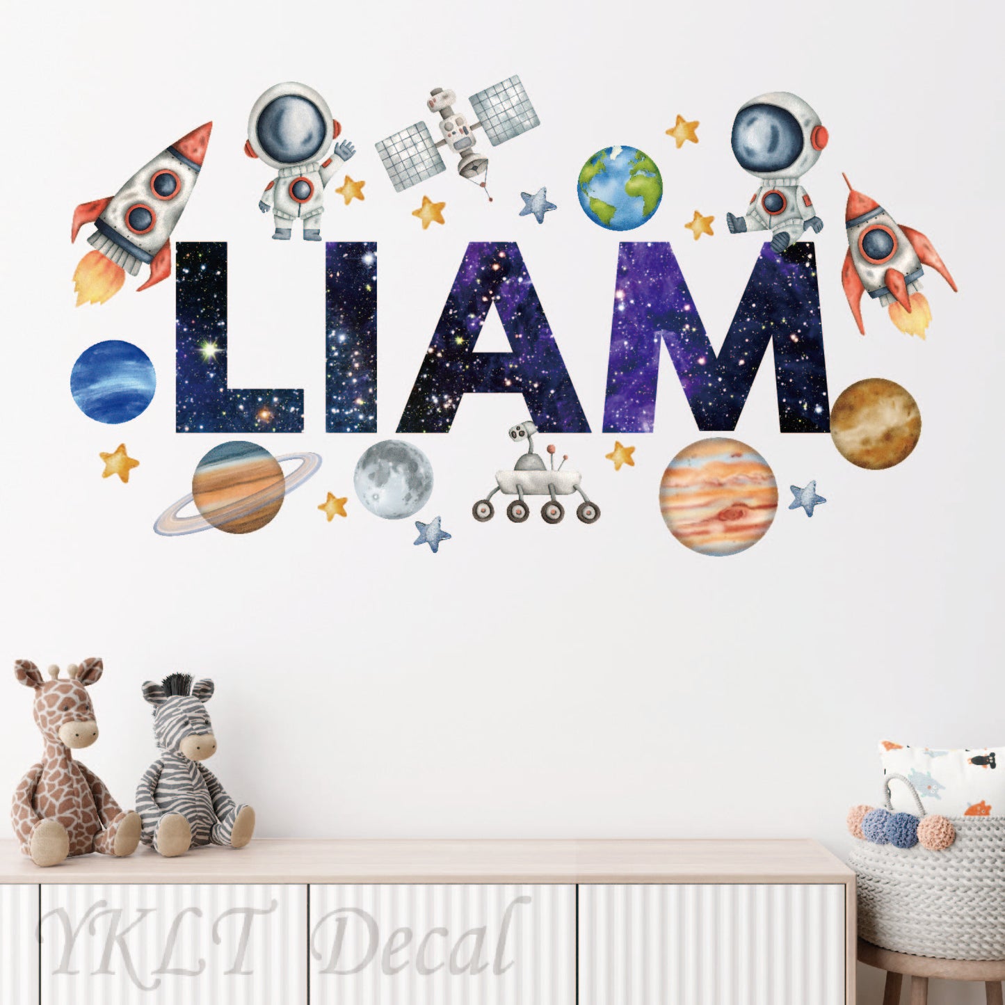 Custom name space wall stickers astronaut theme for boys nursery
