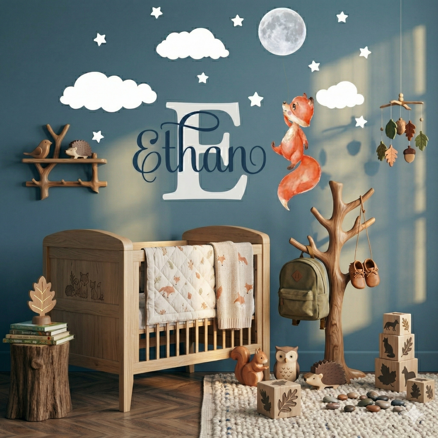 Personalized fox moon stars nursery wall decal - custom name kids room decor
