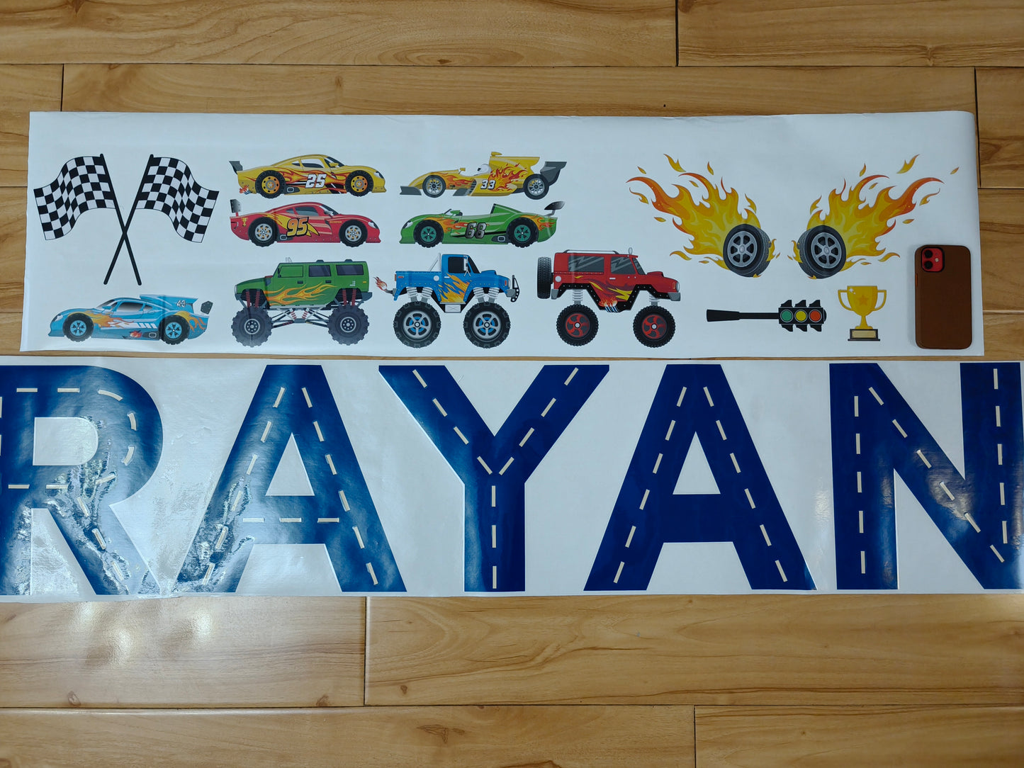 Boys nursery decor race car wall decals personalized name custom colors
