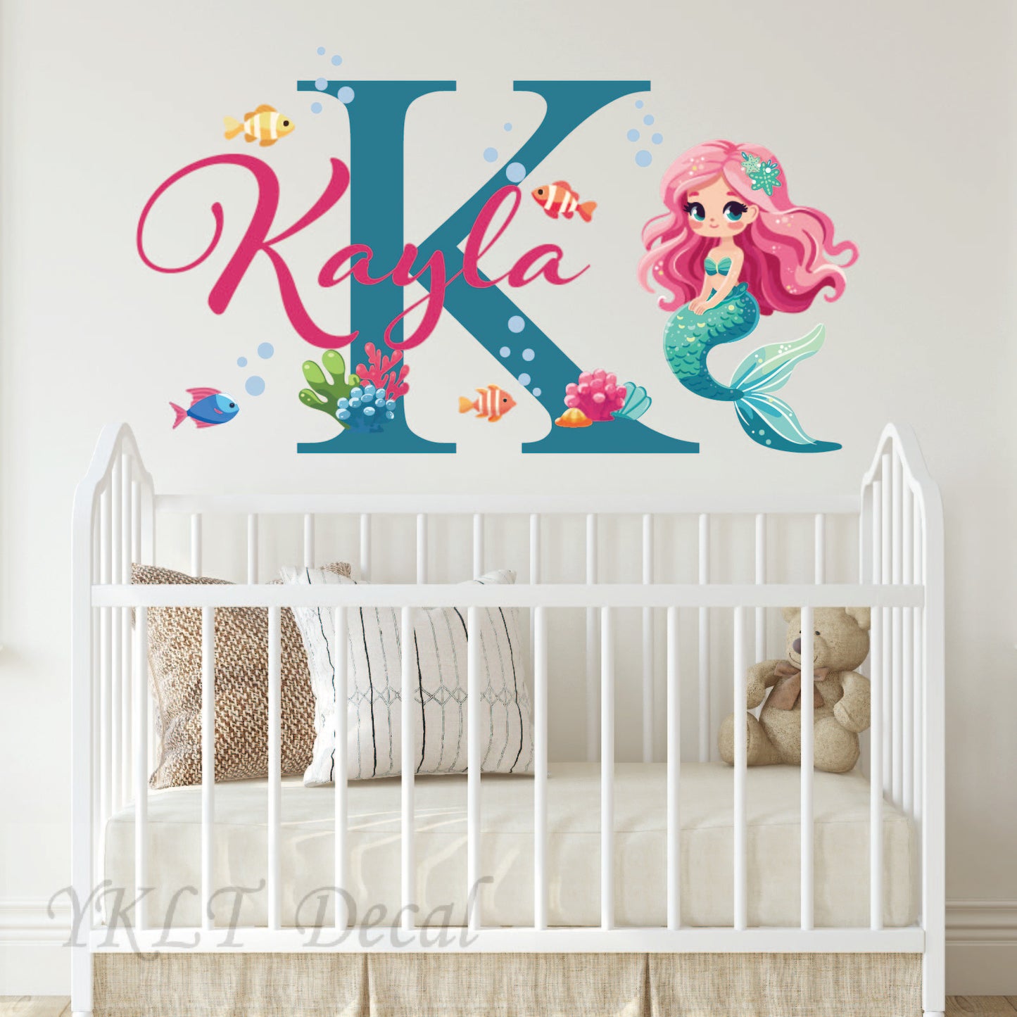 Personalized Mermaid Nursery Wall Decal - Custom Name and Initial Girls Bedroom Wall Decor