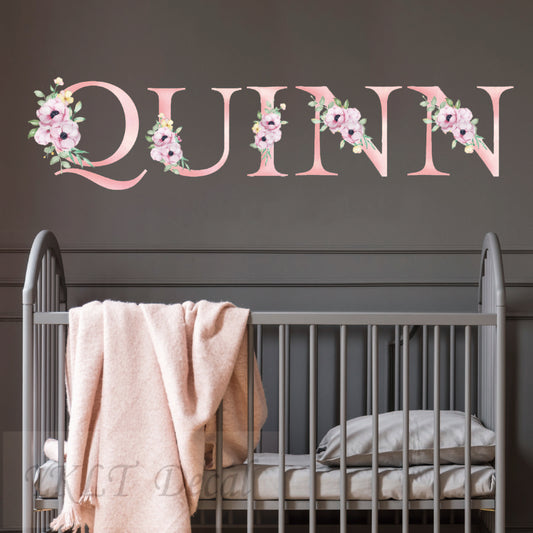 Custom Girl Name Vinyl Wall Decal - Personalized Flower Alphabet Name Sticker, Waterproof Nursery Wall Decor for Kids Bedroom or Baby Room