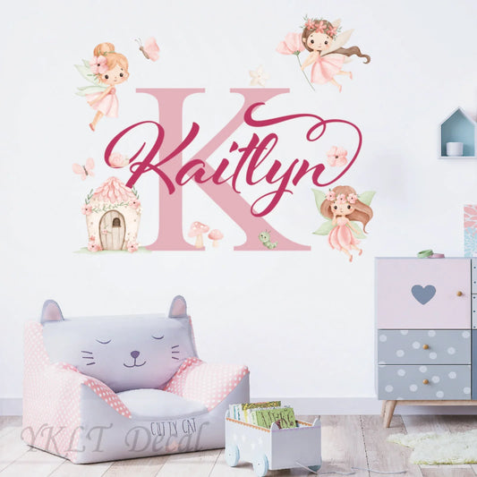 Personalized fairy wall decal with name 'Kaitlyn' in pink, perfect for kids nursery decor