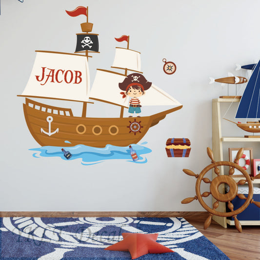 Custom Pirate Ship Wall Decal Set for Kids | Personalized Name Nautical Wall Stickers for kids bedroom playroom