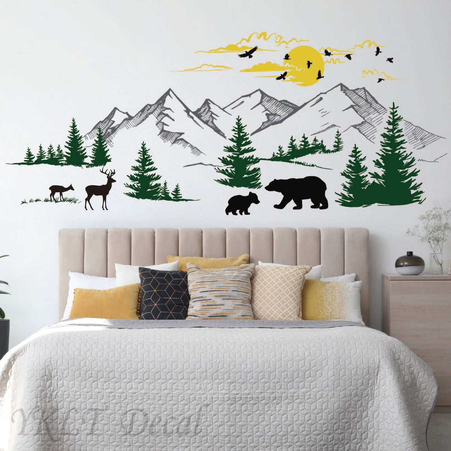Mountain Landscape Wall Decal with Birds and Pine Trees - Removable Vinyl Stickers for Kids Room, Nursery, or Playroom Decor