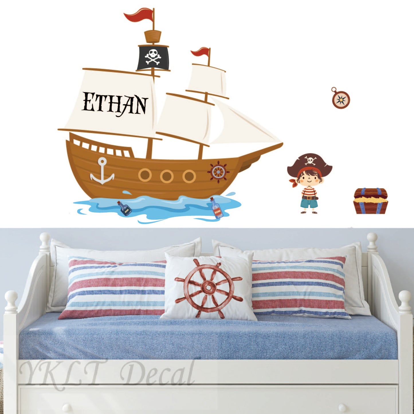 Custom Pirate Ship Wall Decal Set for Kids | Personalized Name Nautical Wall Stickers for kids bedroom playroom