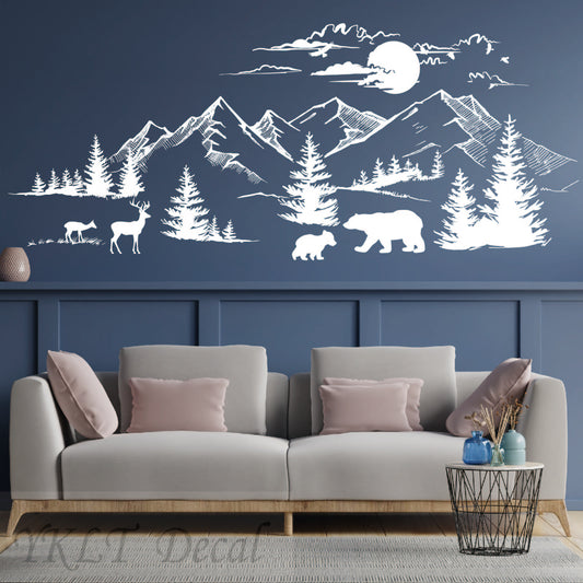 Mountain Landscape Wall Decal with Birds and Pine Trees - Removable Vinyl Stickers for Kids Room, Nursery, or Playroom Decor