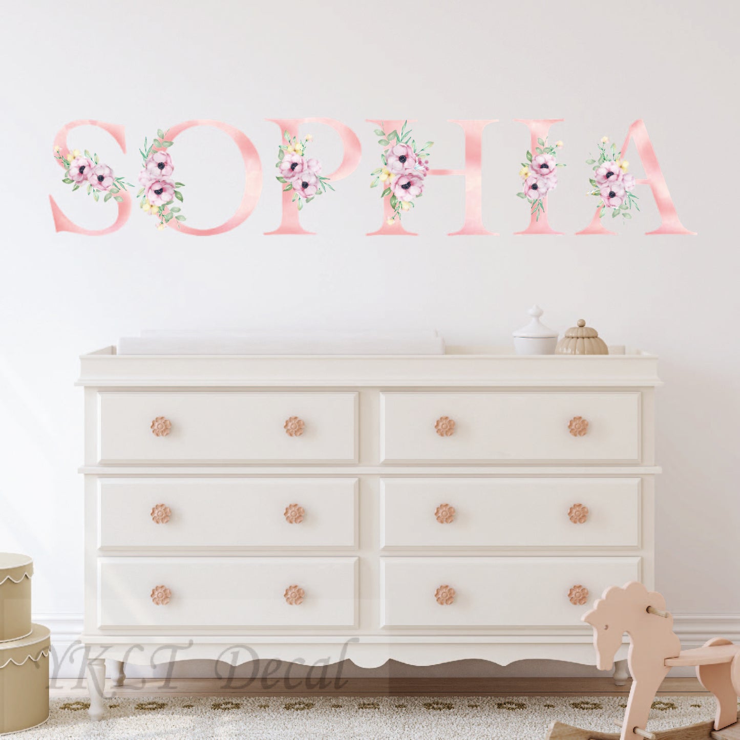 Custom Girl Name Vinyl Wall Decal - Personalized Flower Alphabet Name Sticker, Waterproof Nursery Wall Decor for Kids Bedroom or Baby Room