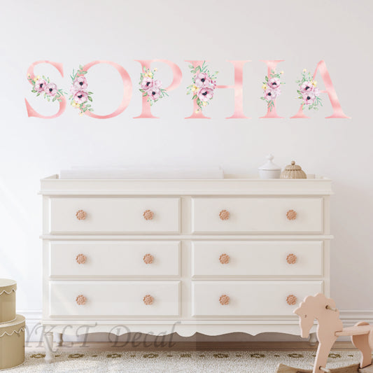 Custom Girl Name Vinyl Wall Decal - Personalized Flower Alphabet Name Sticker, Waterproof Nursery Wall Decor for Kids Bedroom or Baby Room