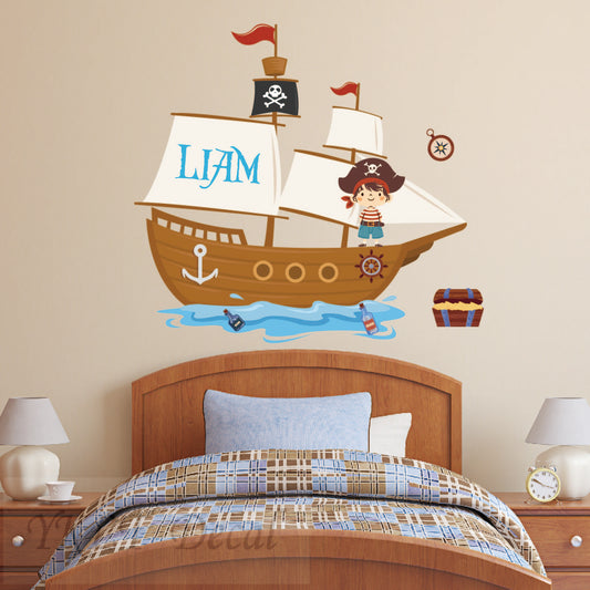 Custom Pirate Ship Wall Decal Set for Kids | Personalized Name Nautical Wall Stickers for kids bedroom playroom