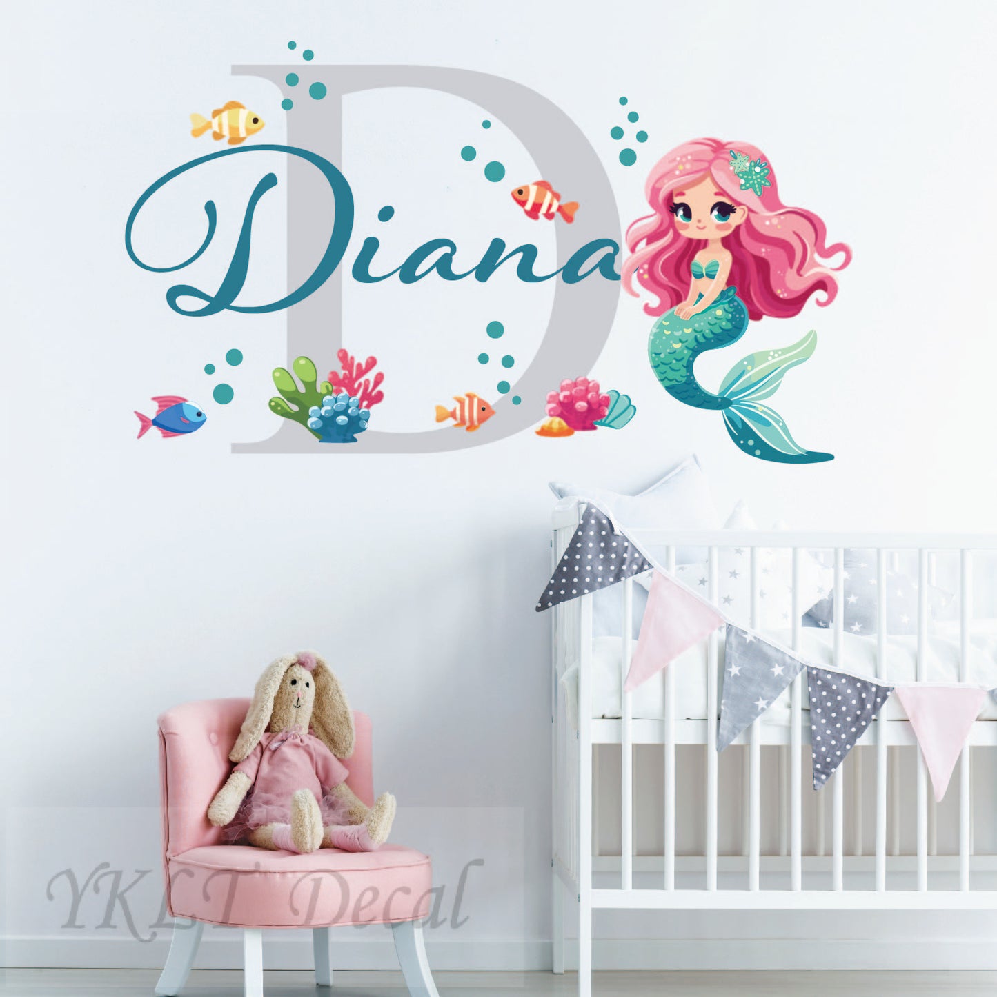 Personalized Mermaid Nursery Wall Decal - Custom Name and Initial Girls Bedroom Wall Decor
