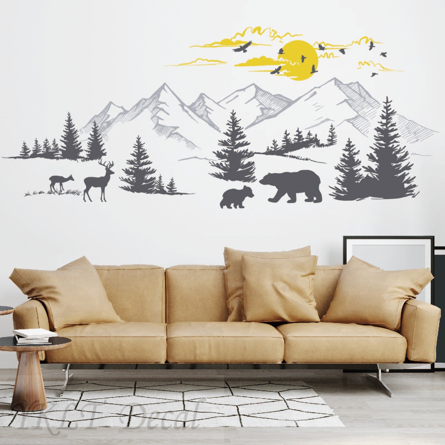 Mountain Landscape Wall Decal with Birds and Pine Trees - Removable Vinyl Stickers for Kids Room, Nursery, or Playroom Decor