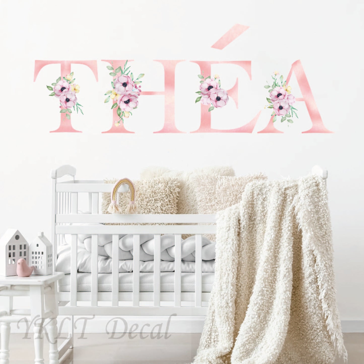 Custom Girl Name Vinyl Wall Decal - Personalized Flower Alphabet Name Sticker, Waterproof Nursery Wall Decor for Kids Bedroom or Baby Room