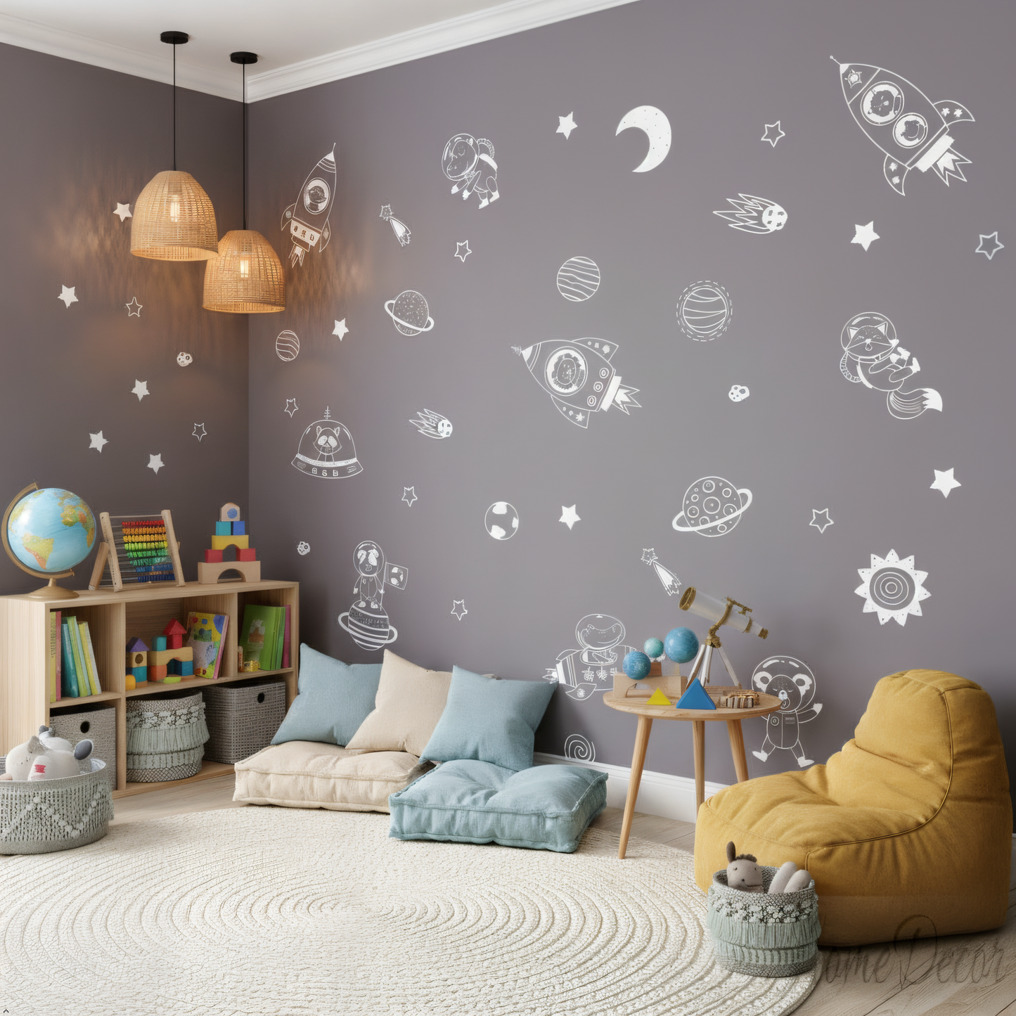 Space animals wall decals with rockets planets astronaut for boys nursery
