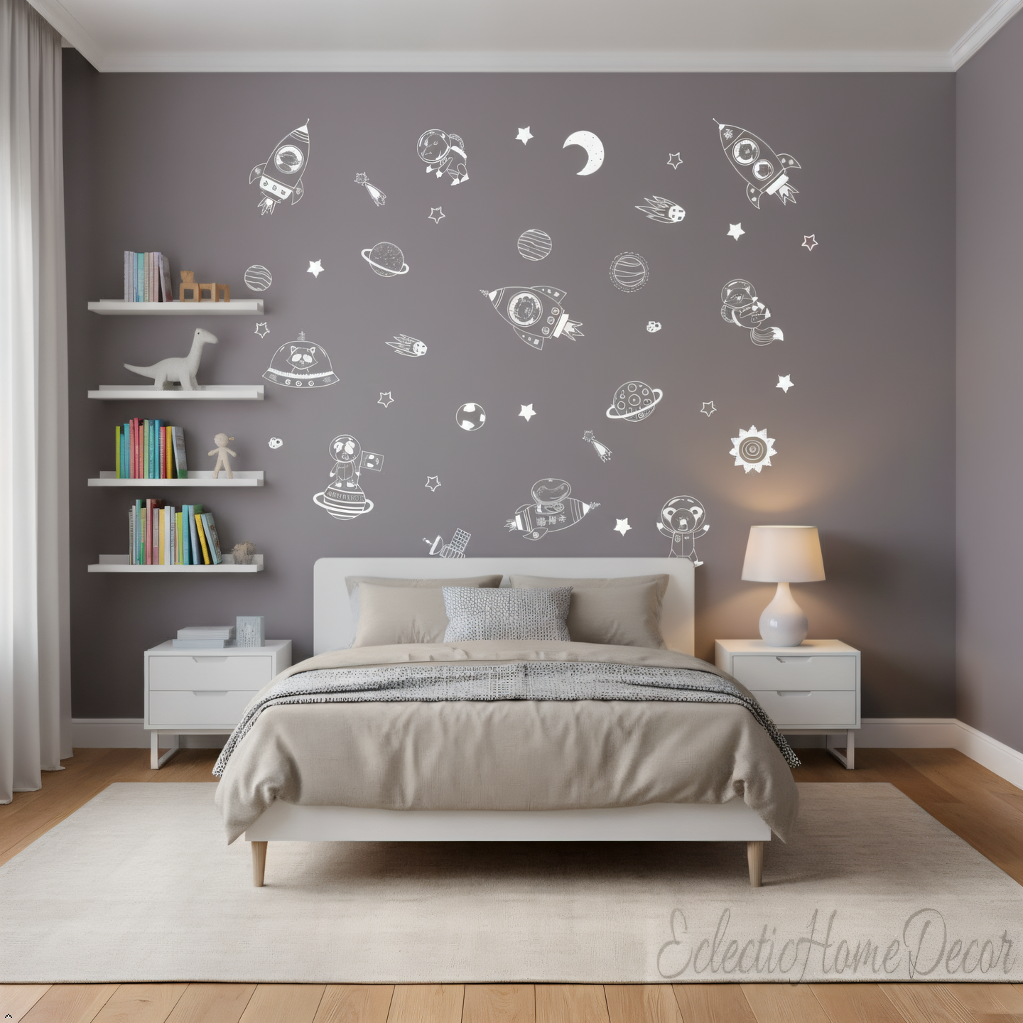 Boys nursery wall art rockets planets stars with cute animals
