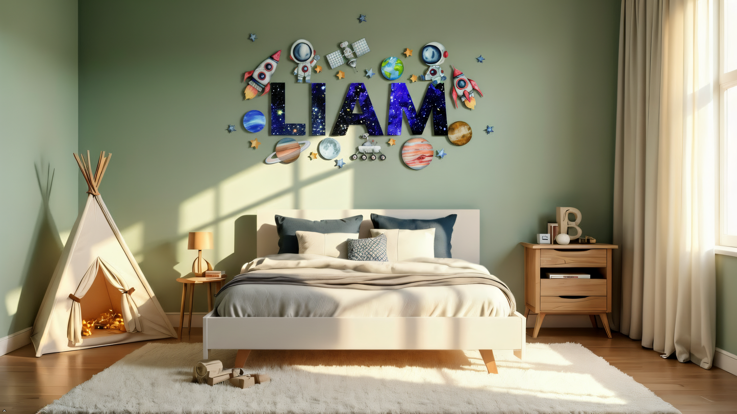 Boys nursery wall art personalized name with astronaut rocket planets
