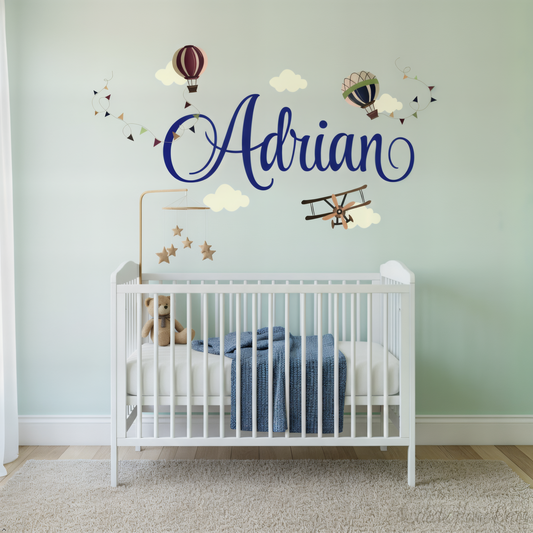 Personalized sky adventure wall decals vintage airplane hot air balloon for boys nursery
