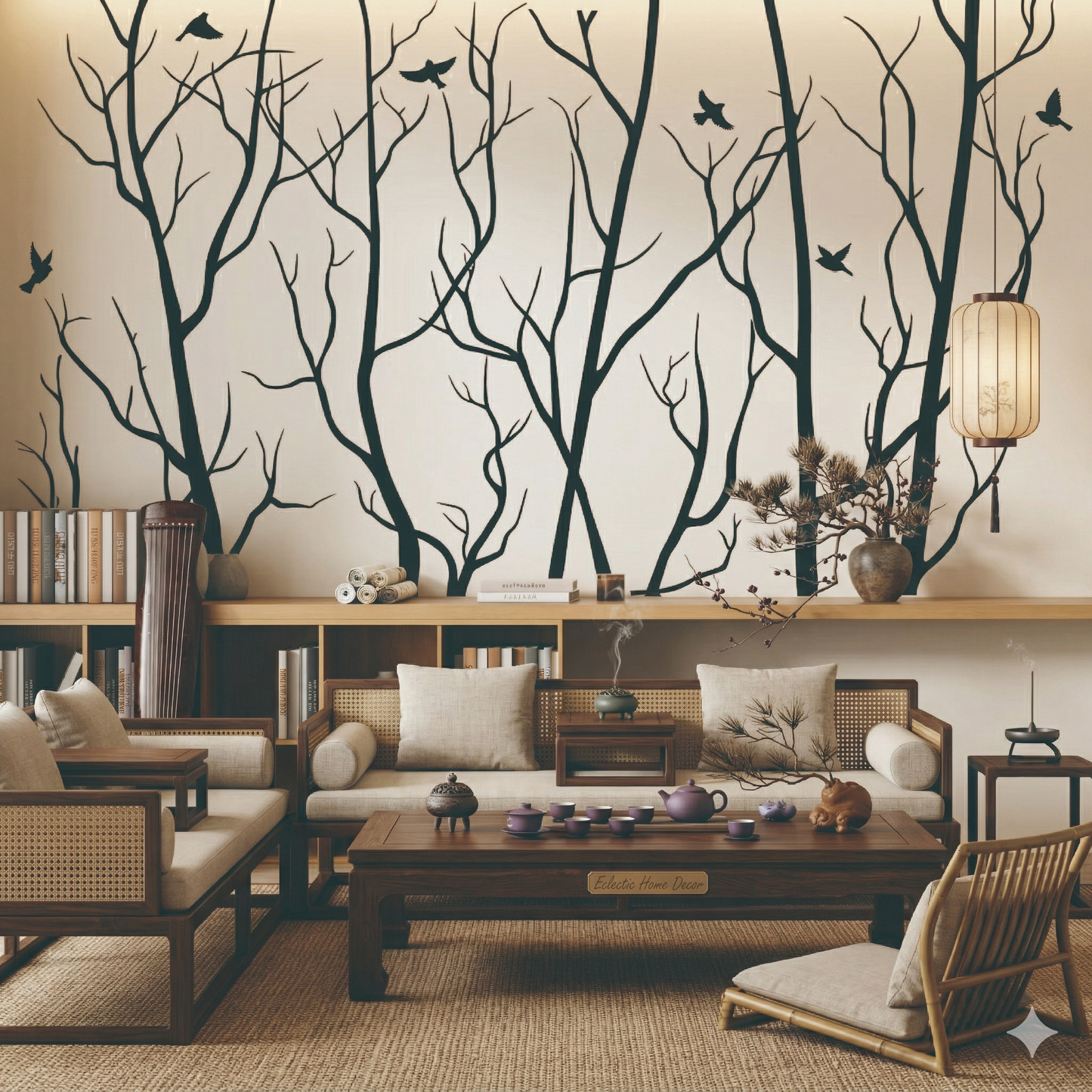 Large black forest tree wall decals with flying birds - vinyl nursery stickers
